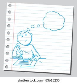 Sketchy illustration of a boy doing homework and thinking