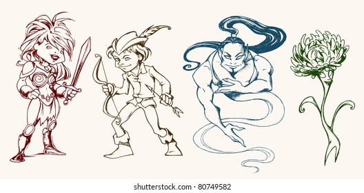 Sketchy illustration of different fantasy characters