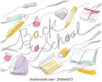 Sketchy Illustration Featuring a Back to School Text Surrounded by School Supplies
