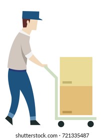 Sketchy Illustration Featuring a Logistics Worker Pushing a Trolley Full of Boxes