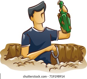 Sketchy Illustration Featuring a Man Showing an Antique Bottle He Found After Digging the Ground