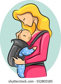 Sketchy Illustration Featuring a Woman Looking Fondly at Her Baby Strapped to a Carrier