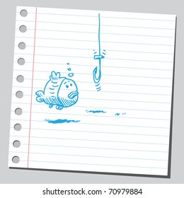 Sketchy illustration of a fish and a hook