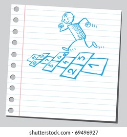 Sketchy illustration of a kid playing hopscotch