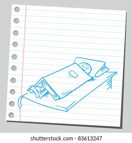 Sketchy illustration of a kid sleeping in a bed of books