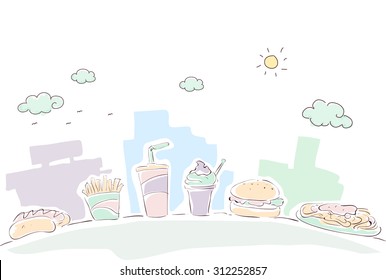 Sketchy Illustration of a Line of Food Commonly Served at Fast Food Chains