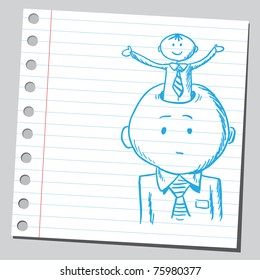 Sketchy illustration of a little man in big man's head