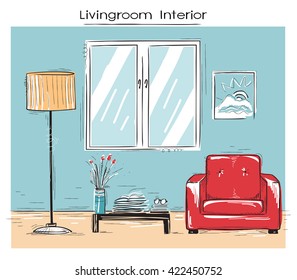 Sketchy illustration of livingroom interior with red armchair.Vector color hand drawing image