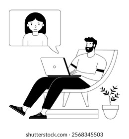 Sketchy illustration of a man doing video call on laptop