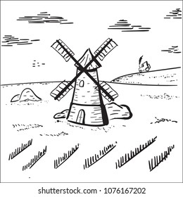 Sketchy illustration of the mill on the field. Kids painting coloring page. Vector. White background.