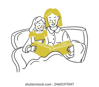 Sketchy illustration of reading mother to child in bed. Contour flat doodle drawing isolated on white background. Vector hand drawn brining up concept for logo or sticker