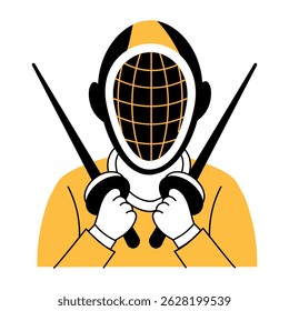 A sketchy illustration showing person wearing fencing mask 

