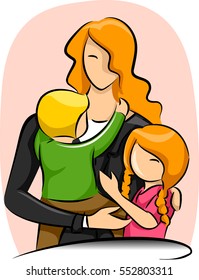Skizzenhafte Illustration einer einzigen Mutter, die sich um ihre kleinen Kinder kümmert