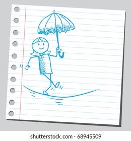 Sketchy illustration of a woman acrobat on a tightrope holding an umbrella