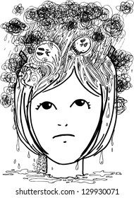 Sketchy illustration of woman head full of nightmares