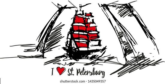 A sketchy image of the drawbridge and the ship with red sails in St. Petersburg. Vector illustration
