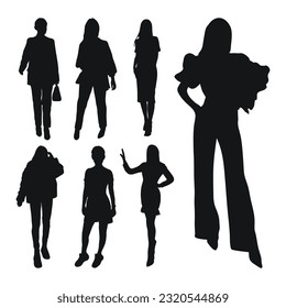 Sketchy image of female silhouettes. Woman, female, maiden, lass, lady, girl. Business women, fashionista, teacher, audience, students, girlfriends