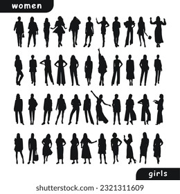 Sketchy image of female silhouettes. Woman, female, maiden, lass, lady, girl. Business women, fashionista, teacher, audience, students, girlfriends