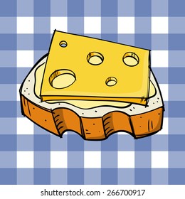 Sketchy image of a piece of bread with butter and cheese on a blue plaid background