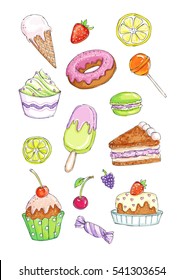 
Sketchy image set of sweet cakes and candies hand drawn and colored in a traditional watercolor or markers style. Black and white version of this illustration is available too.

