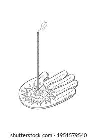 Sketchy incense sticks holder, linear black and white icon. Freehand pencil drawing of aroma stick holder. Vector illustration.