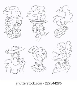 Sketchy isolated woman's head silhouettes. Vintage illustration in retro style. Romantic women faces.