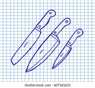 Sketchy knifes on copybook background. Freehand drawn. Vector illustration.