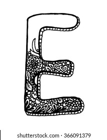 Sketchy letter E on white background. Free hand drawn. Vector illustration.
