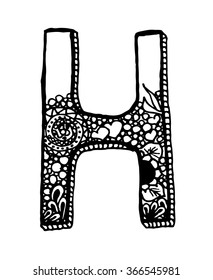 Sketchy letter H on white background. Free hand drawn. Vector illustration.