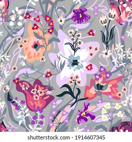 Sketchy liberty print on grey background. Seamless vector pattern in repeat. Vintage print with blooming inflorescences. Retro textile design collection.
