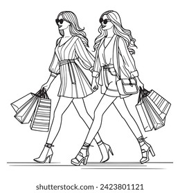 Sketchy line art of two fashionable girls walking with shopping bags. Perfect for fashion illustrations, greeting cards, and more.