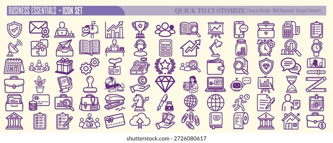 Un conjunto de iconos de Vector de arte de línea incompleto muestra elementos esenciales de negocios en púrpura sobre fondo beige, para la marca y ui, juguetón