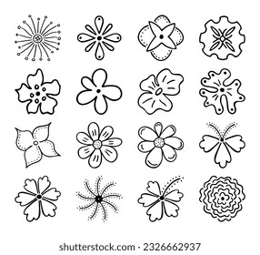 Imagen lineal esquemática de siluetas de flores. Dibujo manual de brotes de plantas durante la floración