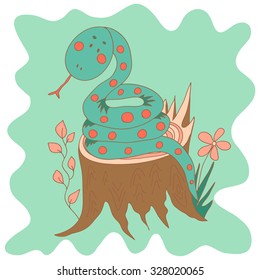 Sketchy little blue snake sitting on a tree stump in cartoon style.