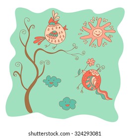 Sketchy little pink birds on a tree with the sun and clouds in cartoon style.