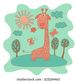 Sketchy little pink giraffe in cartoon style in a meadow with butterflies, clouds and sun.