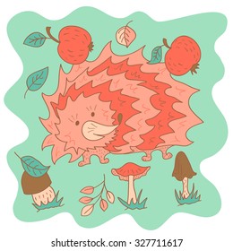 Sketchy little pink hedgehog with apples, mushrooms and autumn leaves in cartoon style.