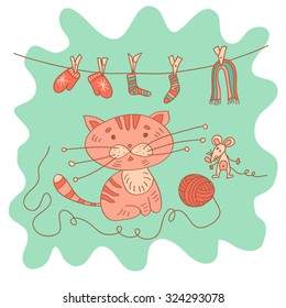 Sketchy little pink kitten and mousy with a ball of yarn and mittens, socks and scarf in cartoon style.