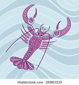 sketchy lobster crawfish with Big Claws in cartoon style on the background of sea waves