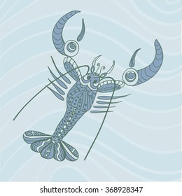sketchy lobster crawfish with Big Claws in cartoon style on the background of sea waves