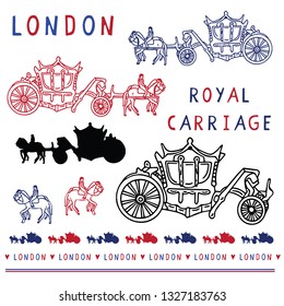 Sketchy London Royal Carriage clipart elements set. Famous historical british symbol for travel vacation wallpaper, british uk sightseeing all over print. Hand horse drawn queen ride in blue white.