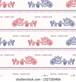 Sketchy London Royal Carriage seamless vector pattern. Famous historical british symbol for travel vacation wallpaper, british uk sightseeing all over print. horse drawn queen ride in red blue white.