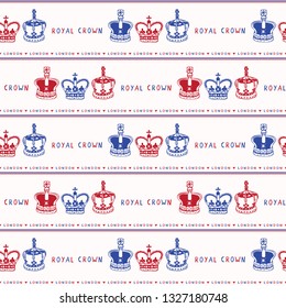 Sketchy London Royal Crown seamless vector pattern. Famous historical british symbol for travel vacation wallpaper, british uk sightseeing all over print. Hand drawn queen coronation coronet red blue.