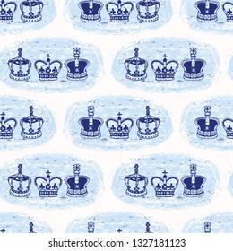 Sketchy London Royal Crown seamless vector pattern. Famous historical british symbol for travel vacation wallpaper, british uk sightseeing all over print. Hand drawn queen coronation coronet in blue.