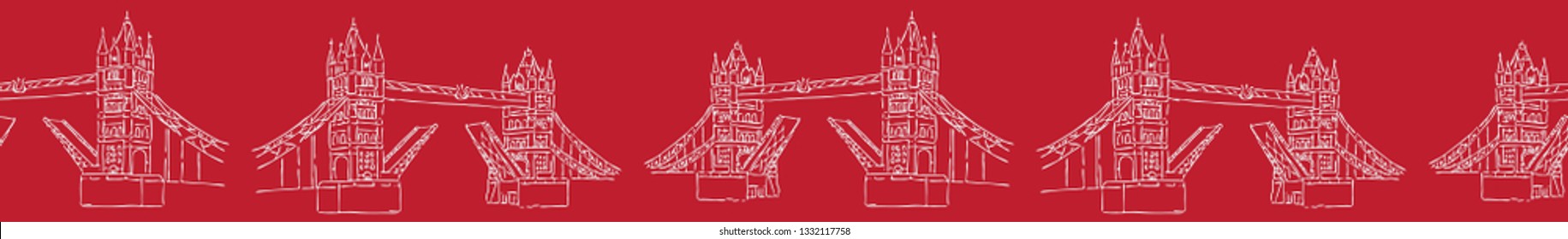 Sketchy London Tower Bridge seamless vector border pattern. Famous historical british monument ribbon trim. Travel vacation. Iconic british uk sightseeing symbol. White red drawbridge river thames.