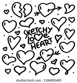 Sketchy love heart illustration and drawing symbol set. Hand drawing.