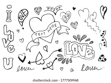 sketchy love and hearts doodles isolated on white background.vector illustration.