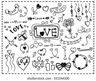 sketchy love and hearts doodles, vector illustration