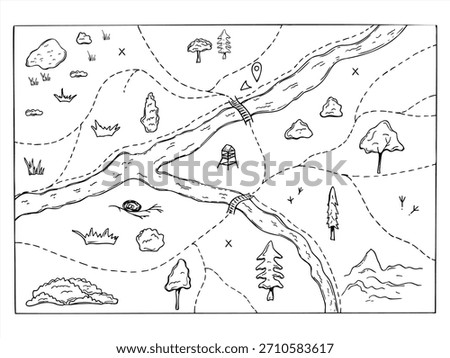 Sketchy map of park or forest area in doodle style. Monochrome vector kid map for treasure hunting, navigation, or animal watching. Top view. For educational kits, activity book, summer camp material.