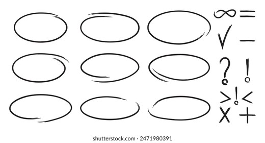 Sketchy math and punctuation icons: This set includes a variety of hand-drawn mathematical and punctuation symbols within oval frames, such as the plus, minus, equal, and infinity signs, and more.